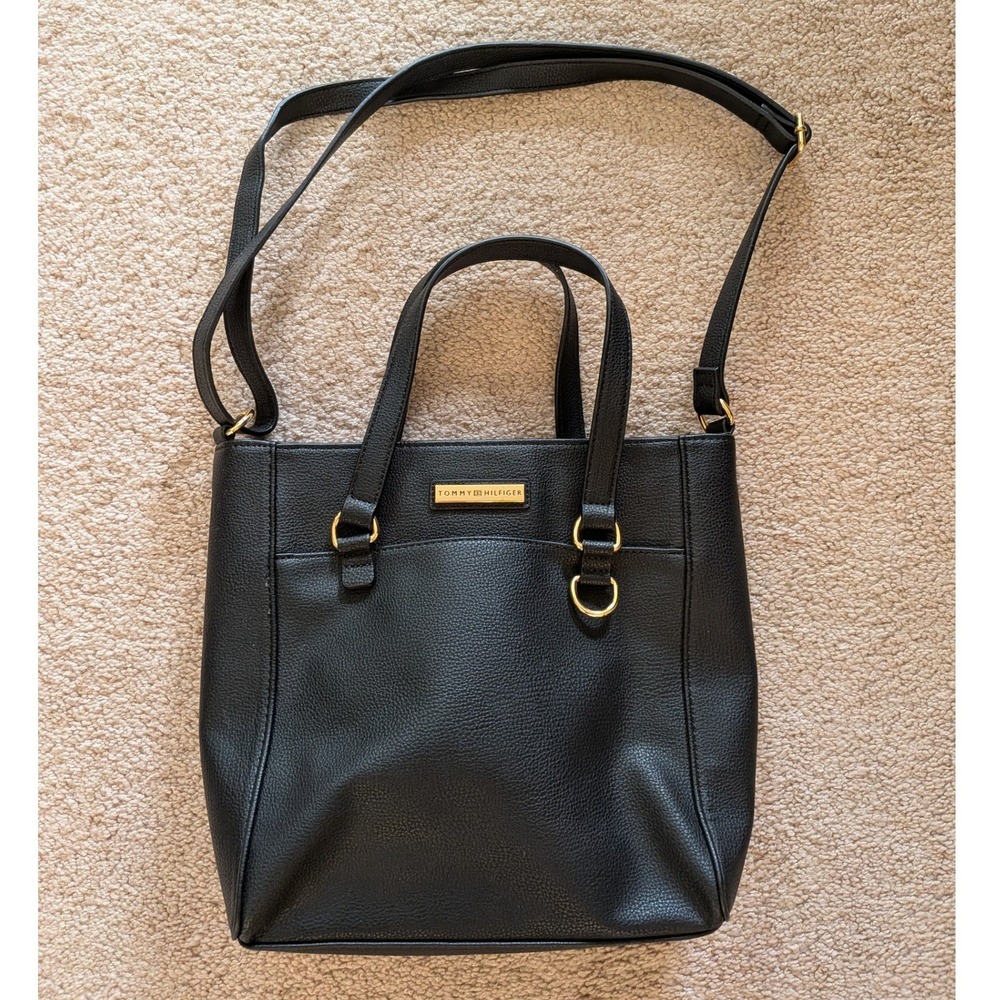 Tommy Hilfiger Black‎ Pebbled Faux Leather Crossbody Tote Bag Gold Hardware